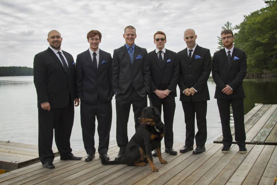 Groom and groomsmen, and doggo