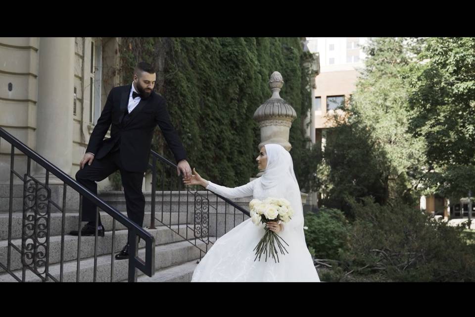 Cinematic stairs bride