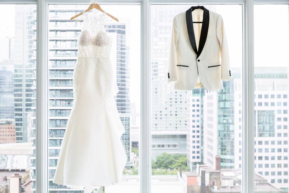 Bride's dress and groom's suit