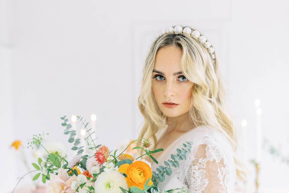 Bride with wedding flowers