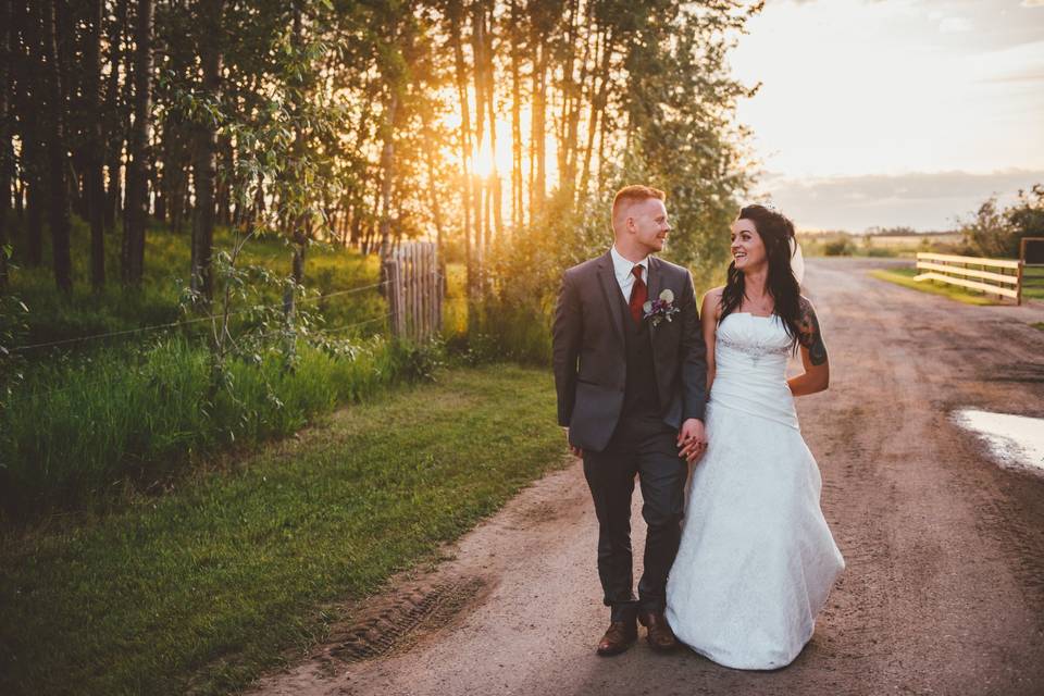 Romantic newlywed stroll