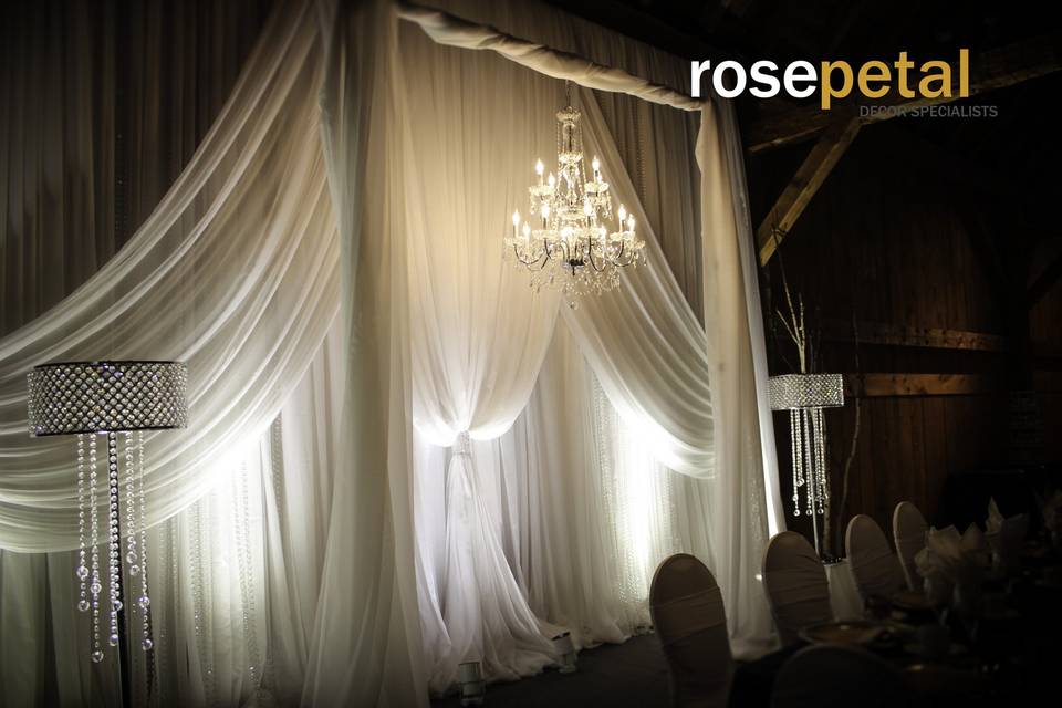 Chiffon backdrop + Chandelier