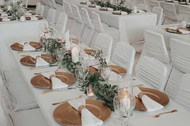 Linens, Candles, Greenery