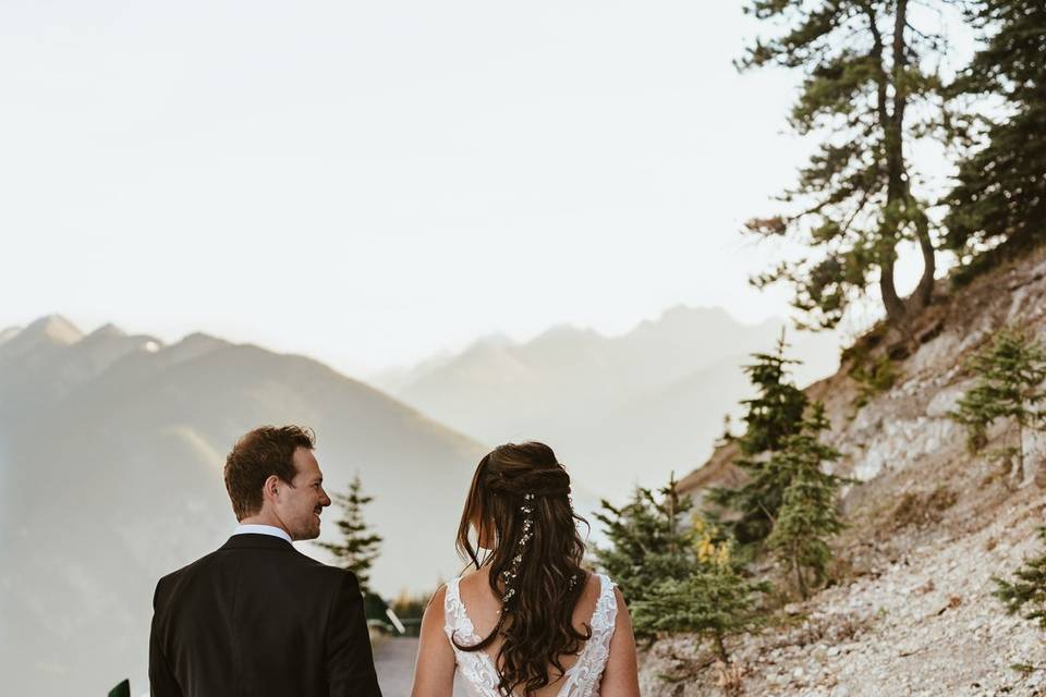 Newlywed walk in Banff, AB