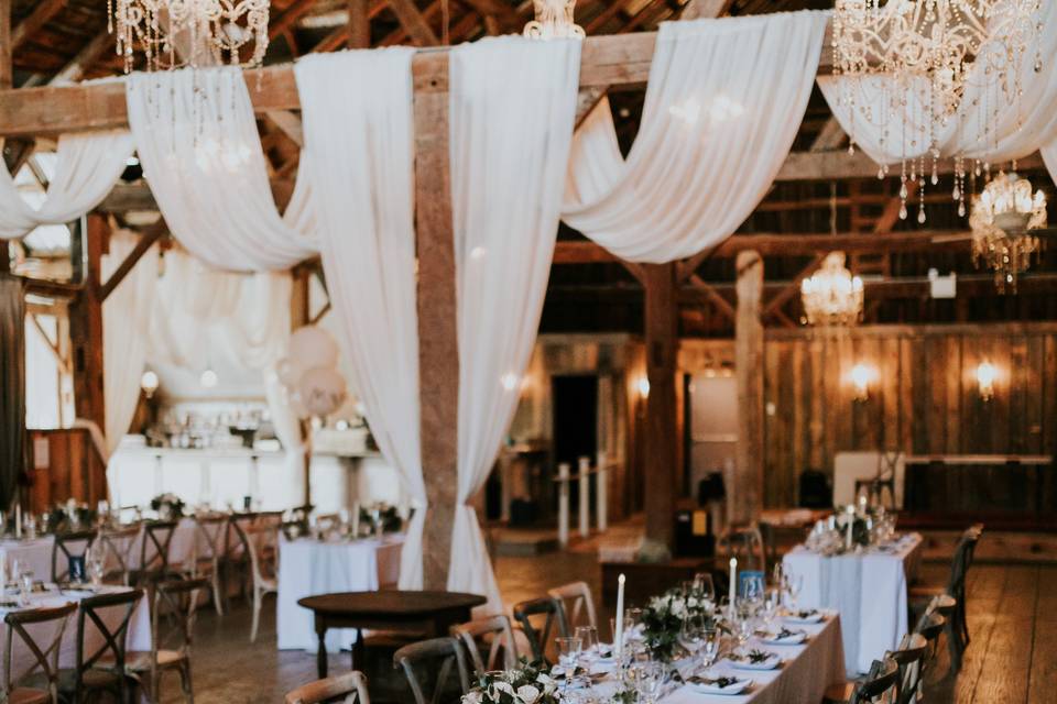 Ceiling draping & table decor