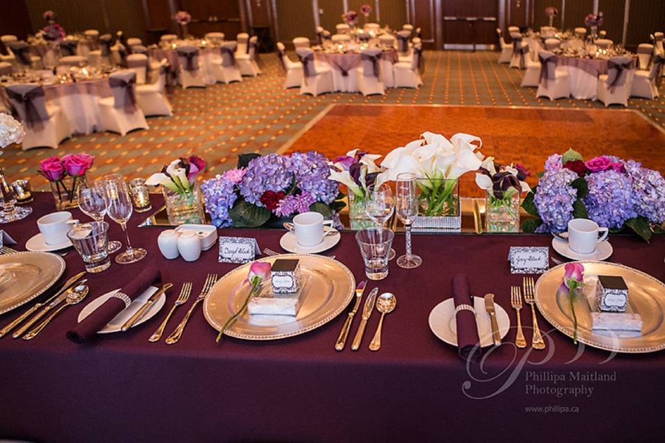 Purple hydrangeas head table