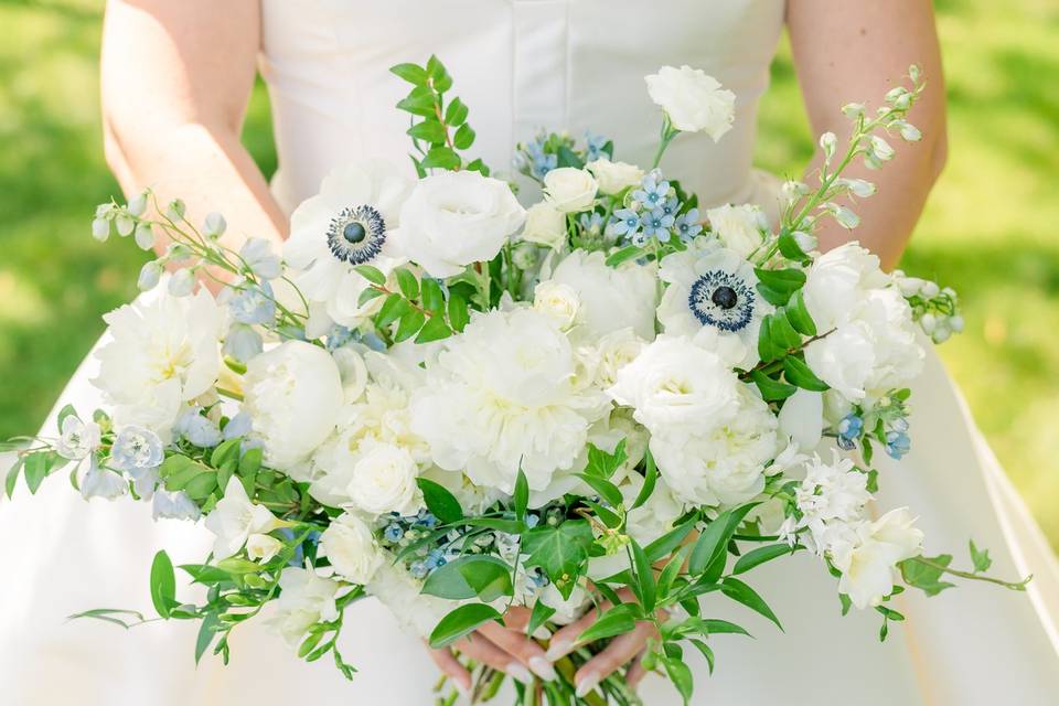 Blue and white bridal bouquet