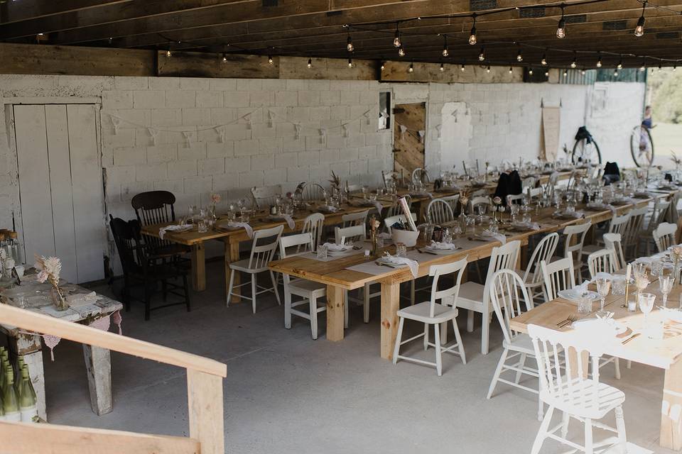 Harvest tables and chairs