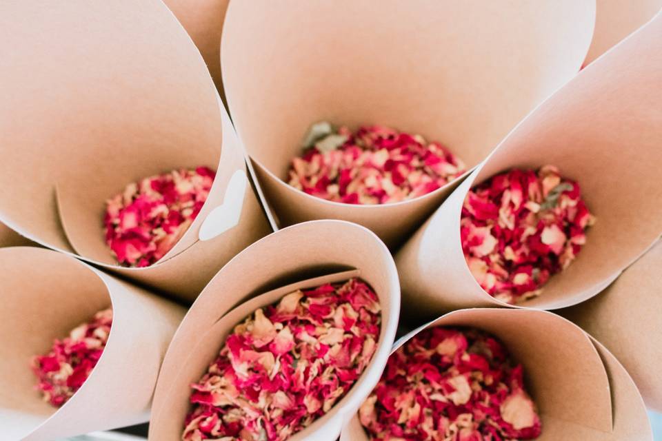 Rose petals in paper cones