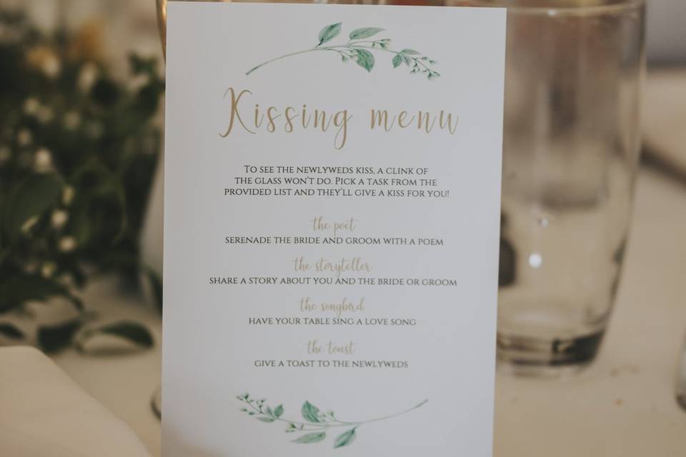 Kissing Menu