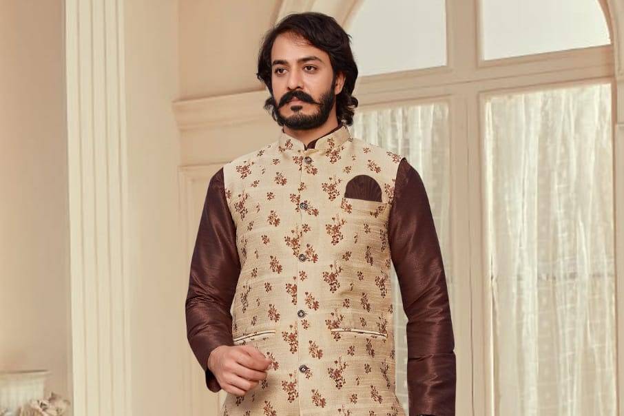 Brown kurta with Golden Jacket