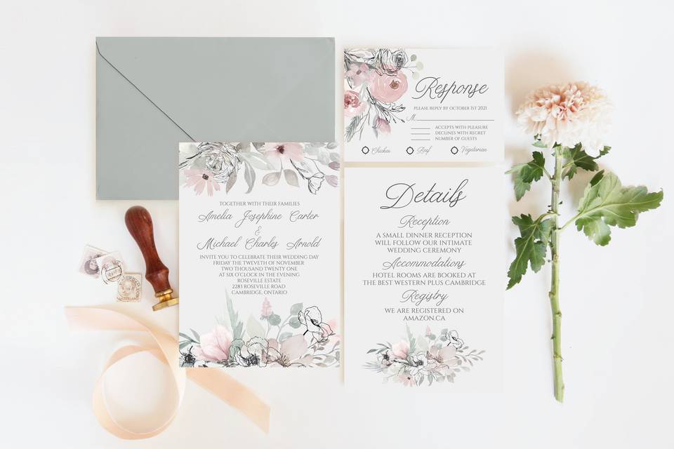 Sage and pink invitation suite