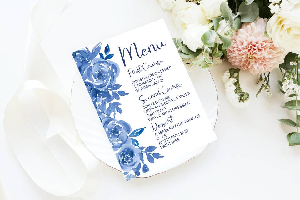 Blue Watercolor Floral Menu