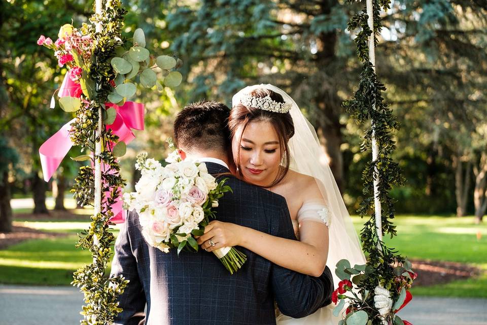 Bride groom hug