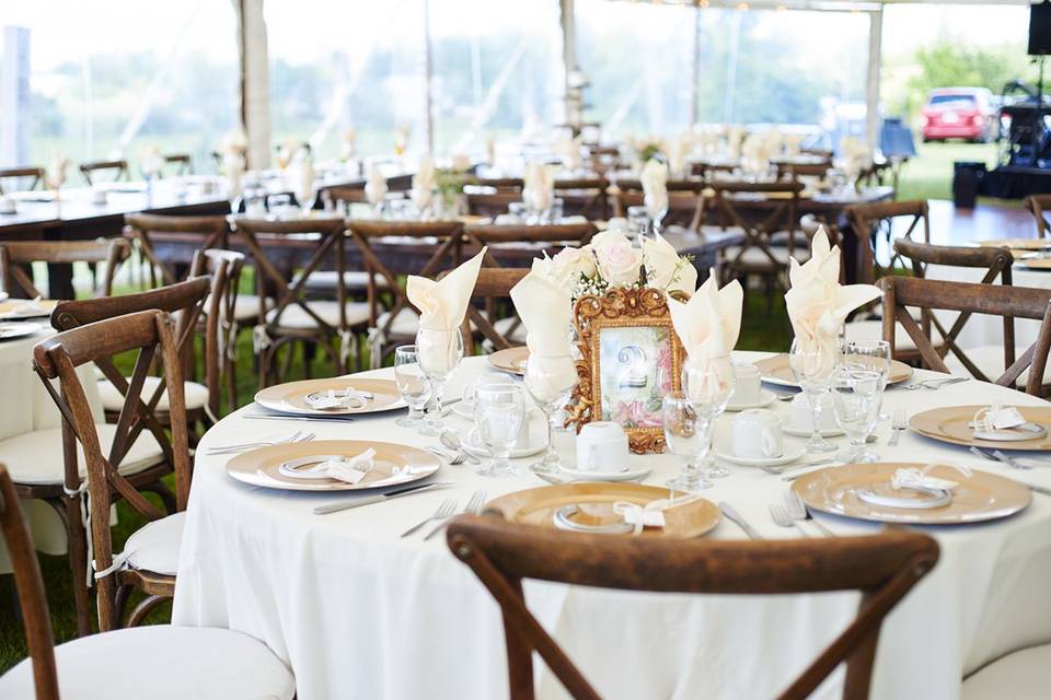 Reception tent table settings