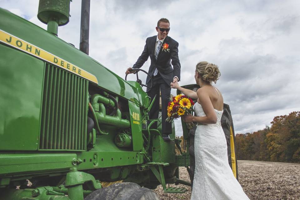 Tractor bride groom sunflowers