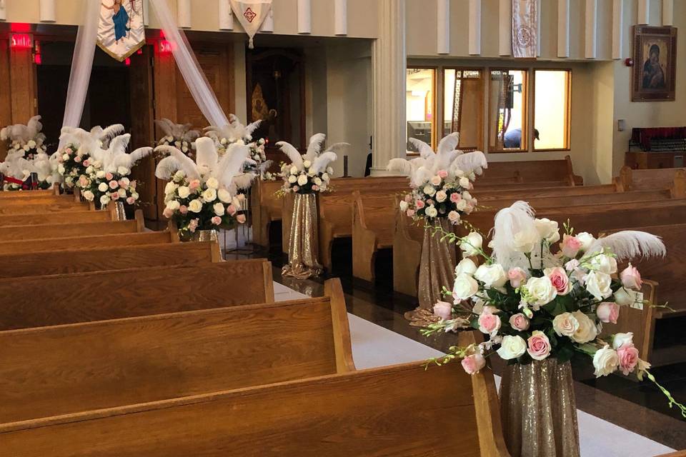 Church seating with decor