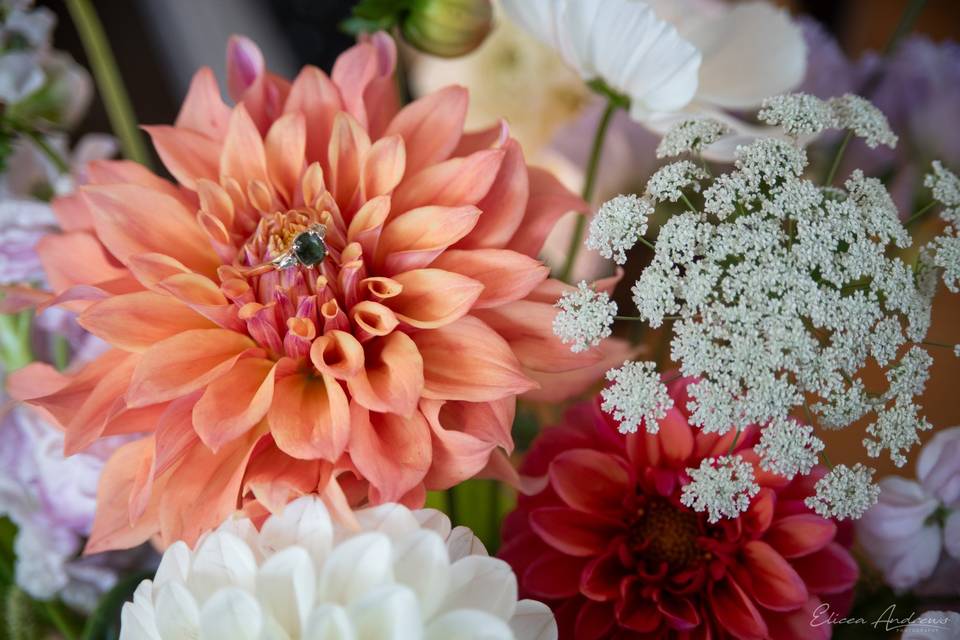 Engagement ring and bouquet
