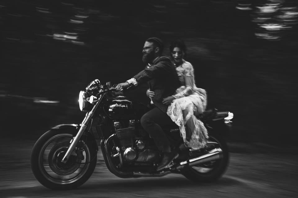 Wedding couple on a motorbike