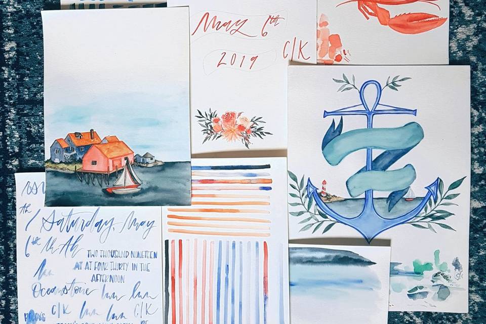 Coastal watercolor elements