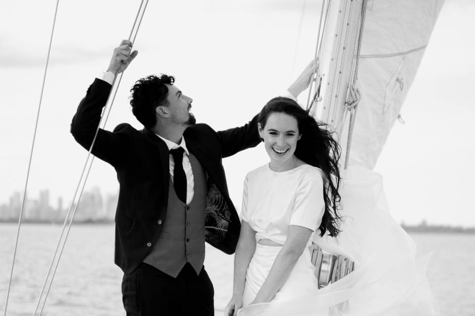 Bride and Groom on Sailboat
