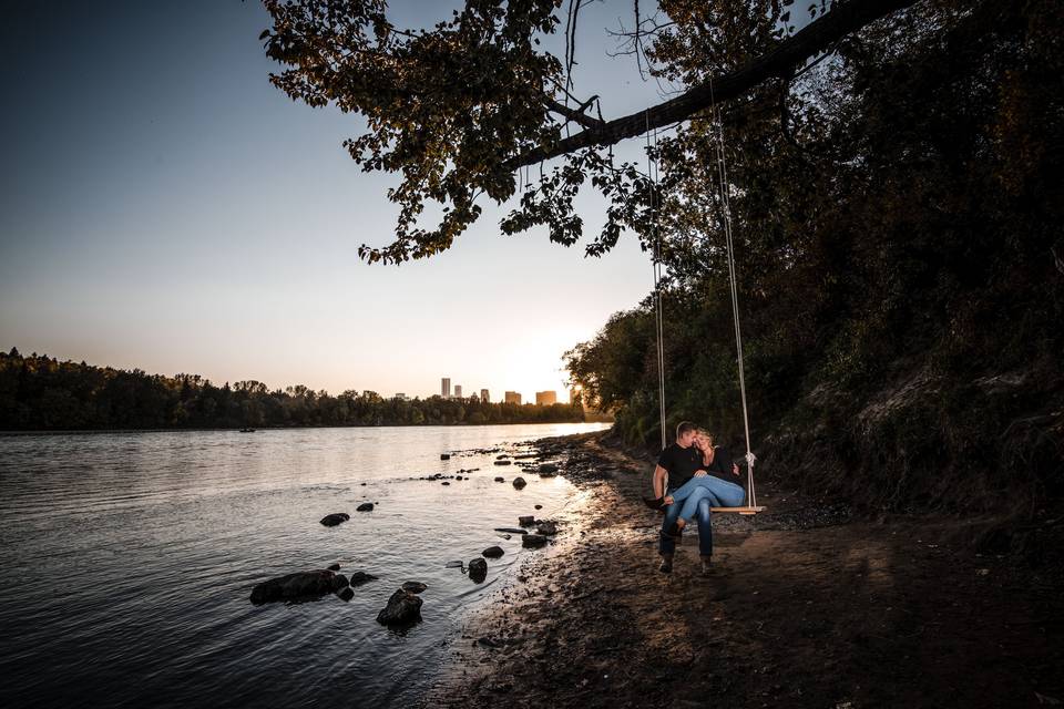 By the water