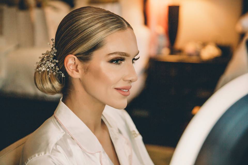 Bridal makeup and hair bun