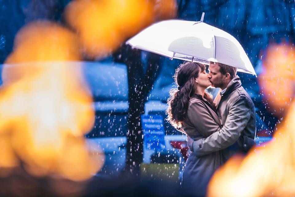 Engagement in pouring rain