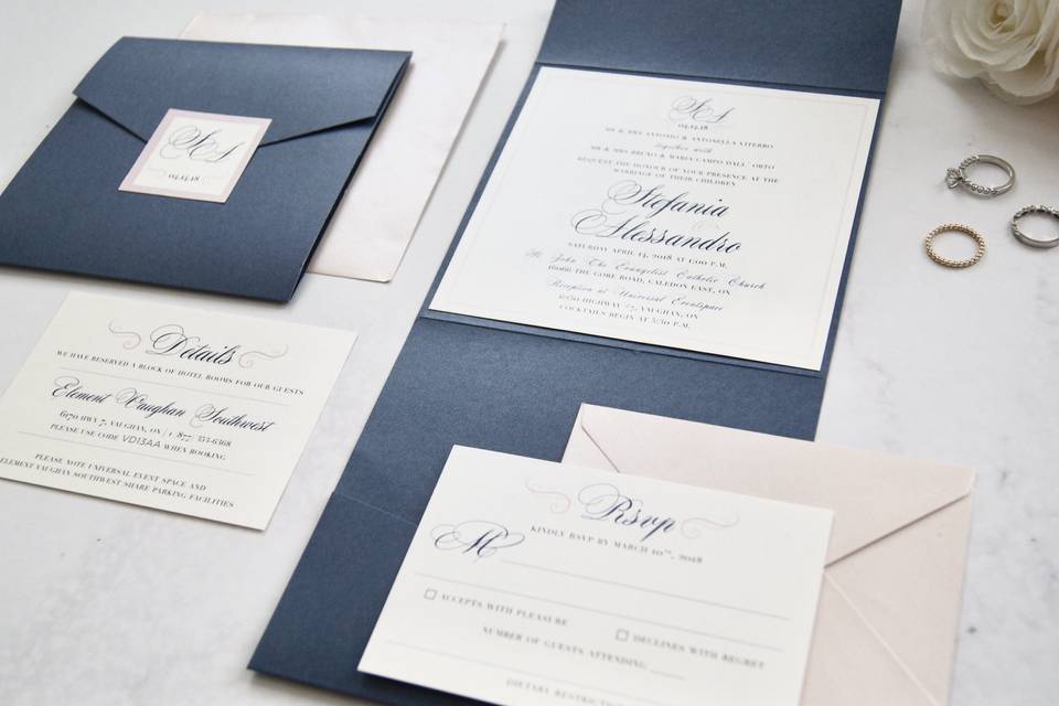Navy and blush pocket suite