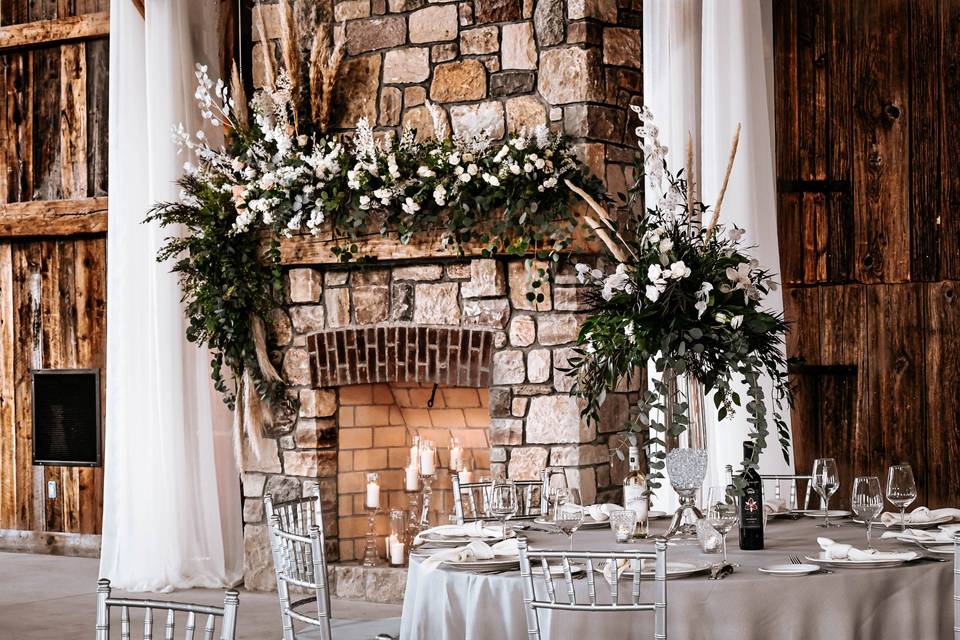 Fireplace decorated with flowers