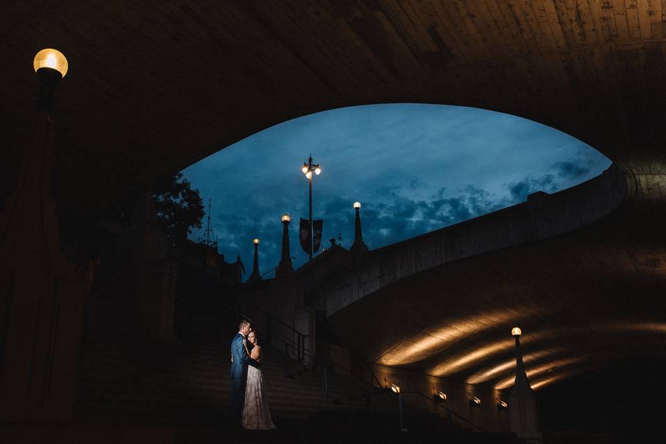 Couple under moody sky