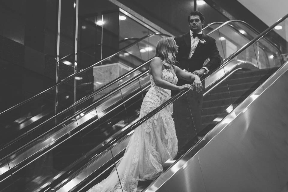 Elevator bride and groom