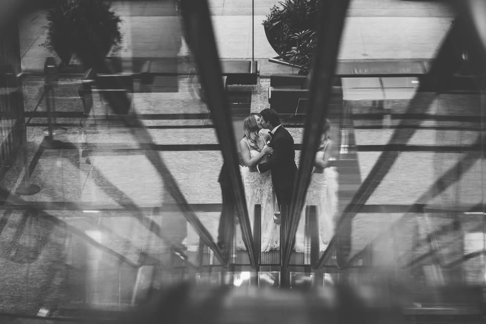 Elevator bride and groom