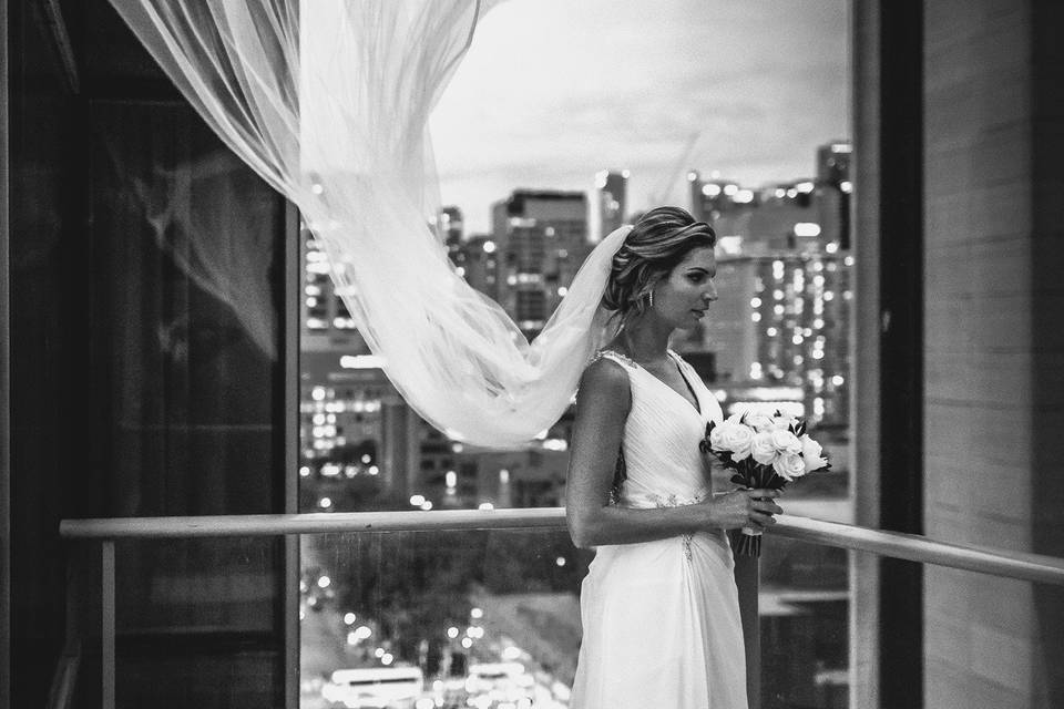 Bride on balcony in toronto