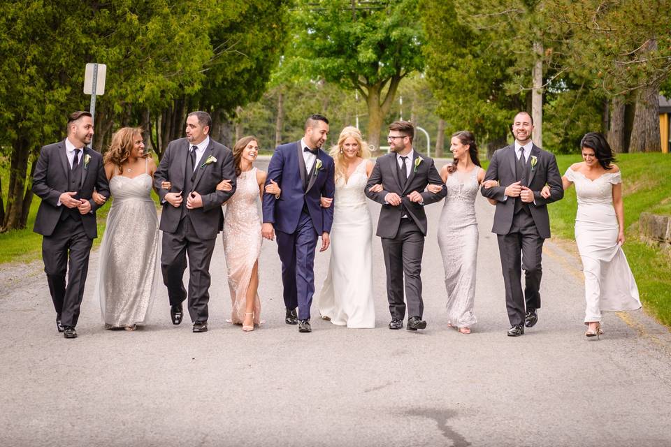 Happy couple and group in stride