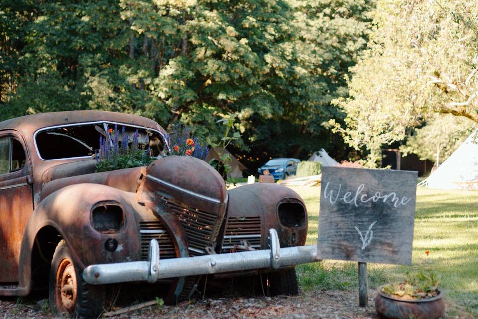 Old car on driveway