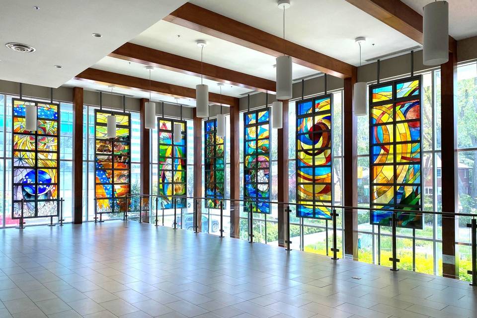 Foyer space with stained glass