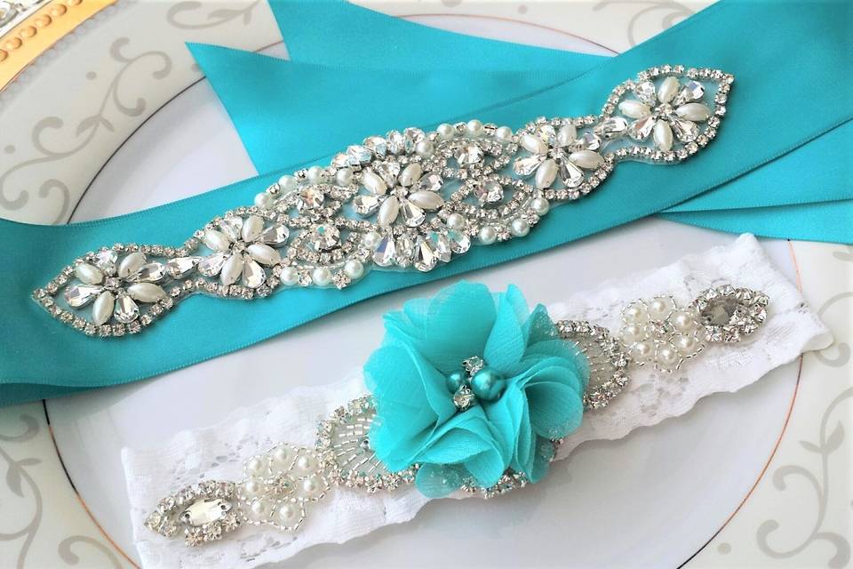 Rhinestone Sash & Garter Set