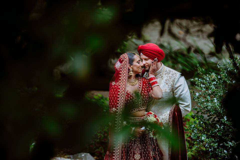 Bride and groom snuggle