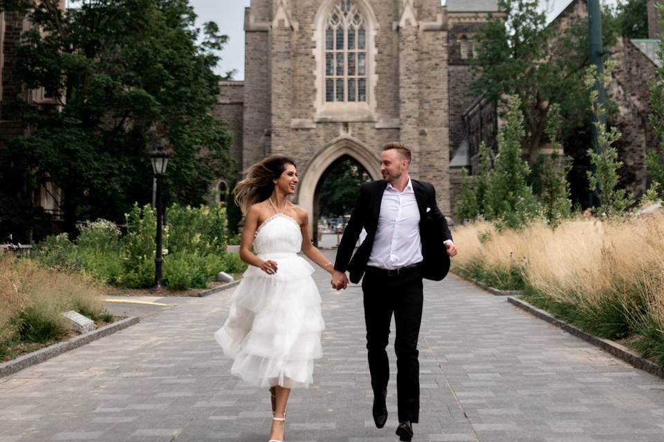 Bride and groom running