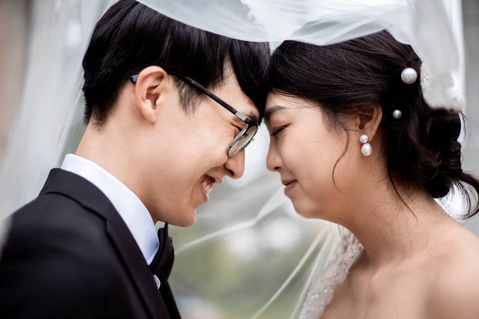 Bride and groom under a veil