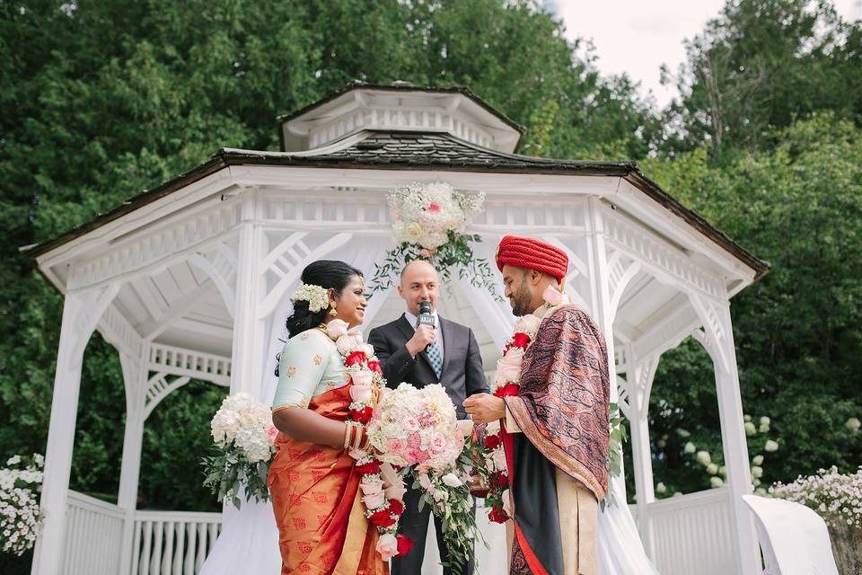 Under an arch with drapery