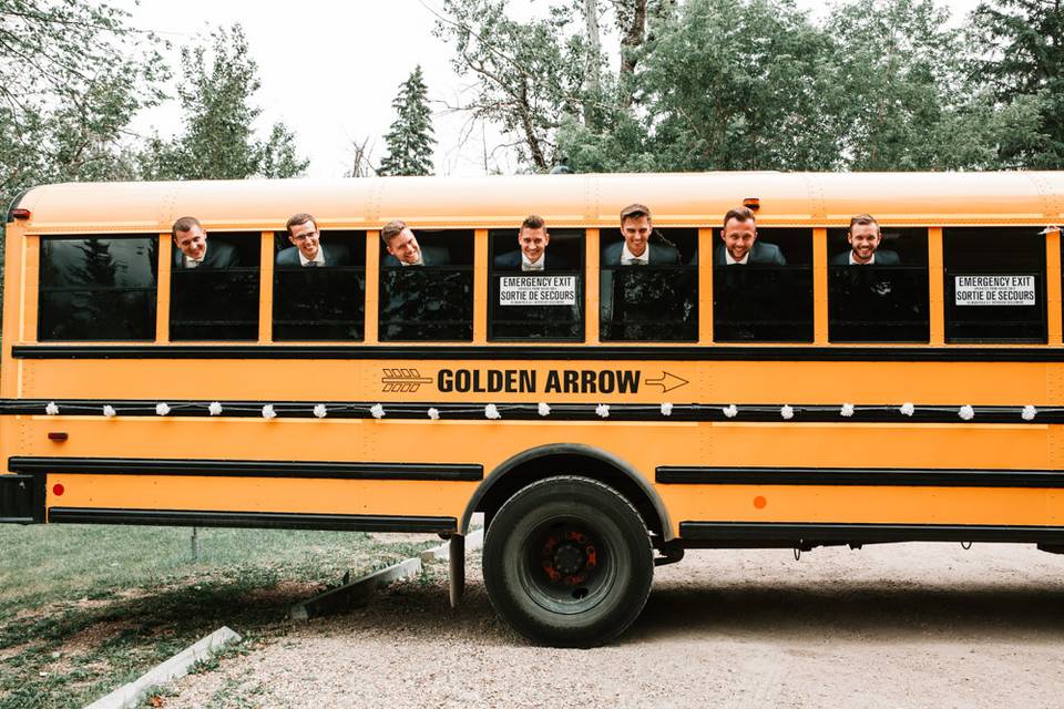 Groomsmen on the school bus