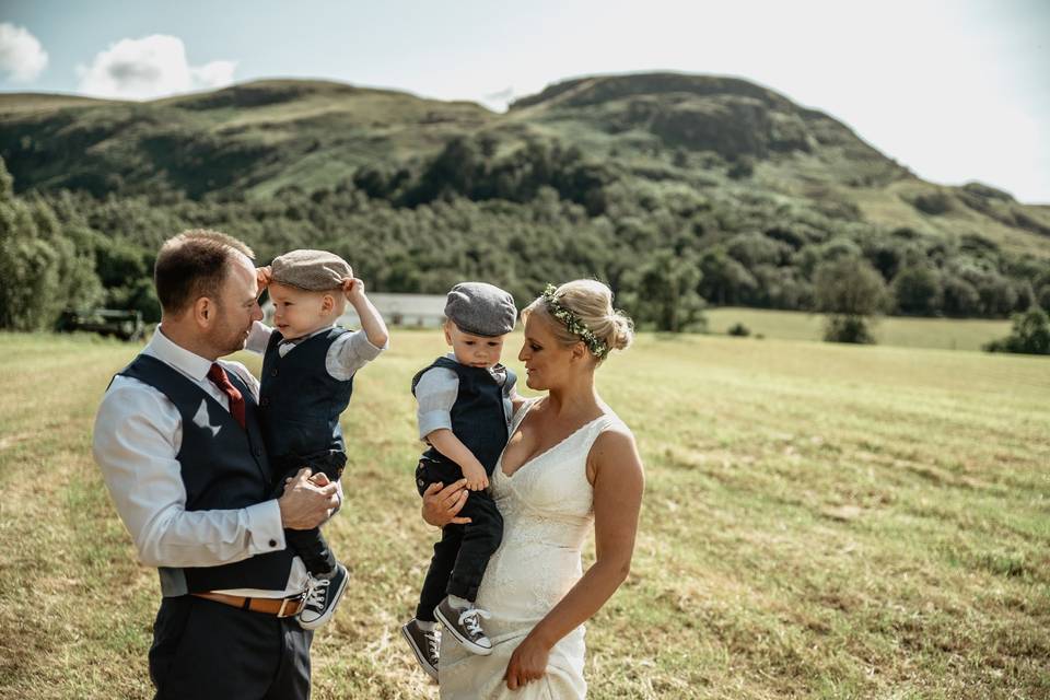 Bride and groom with kids